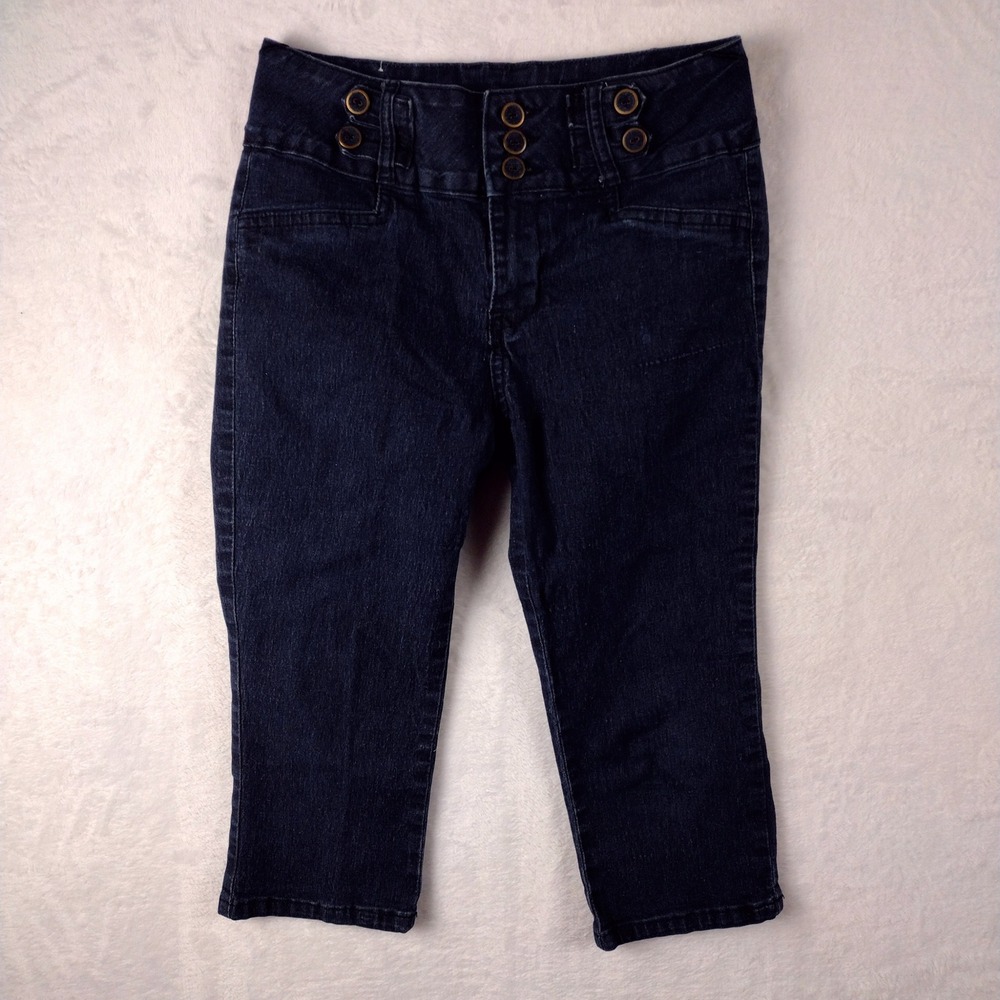Diamante Womens Dark Wash High Rise Button Waist Denim Capri Jeans Size 7